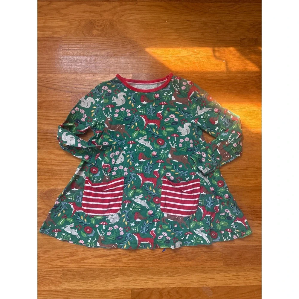 Mini Boden Girls Woodland Animal Jersey Dress Green Red Stripe Pockets 6-7Y